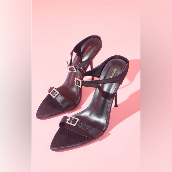 Black Satin Point Toe Diamante Buckle High Heeled Sandals - Picture 3 of 3